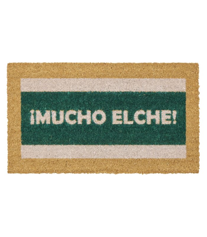 Capacho de fibra de coco com frase em letras verdes