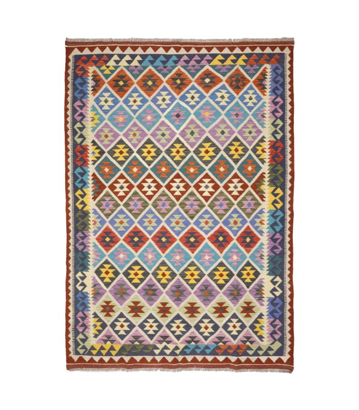 Kilim Maimana 1190 de lã feito à mão com losangos