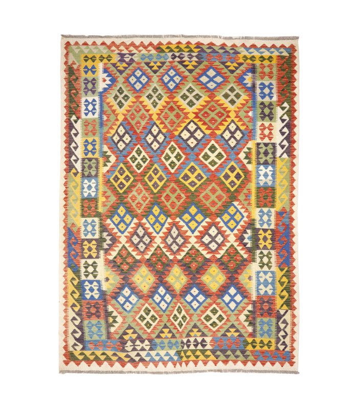 Kilim Maimana feito à mão em lã com desenho geométrico colorido