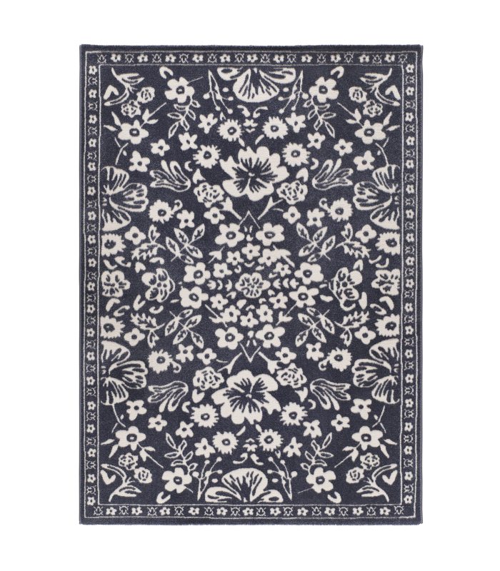 Tapete Amara azul com flores brancas